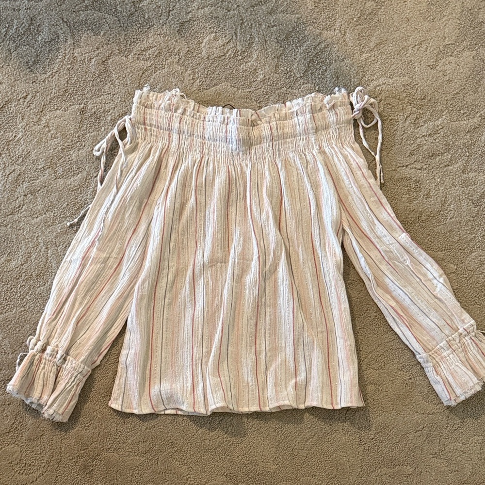 Love Sam Striped Off-Shoulder Top - Cream and Red